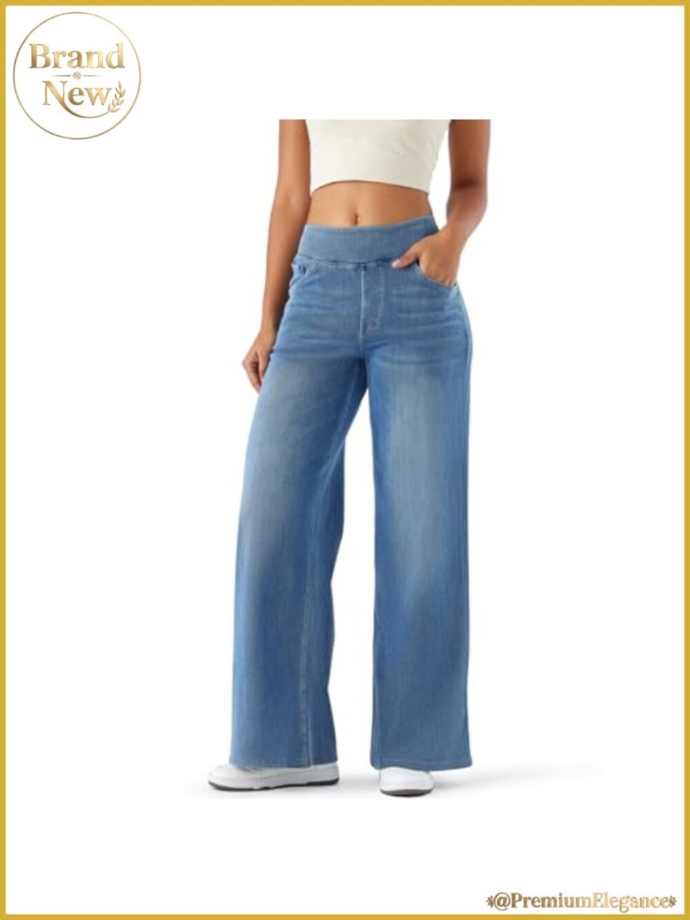 High Rise Wide Leg Jeggings Pull On Stretch Denim Cotton Blend 5 Pocket Ankle